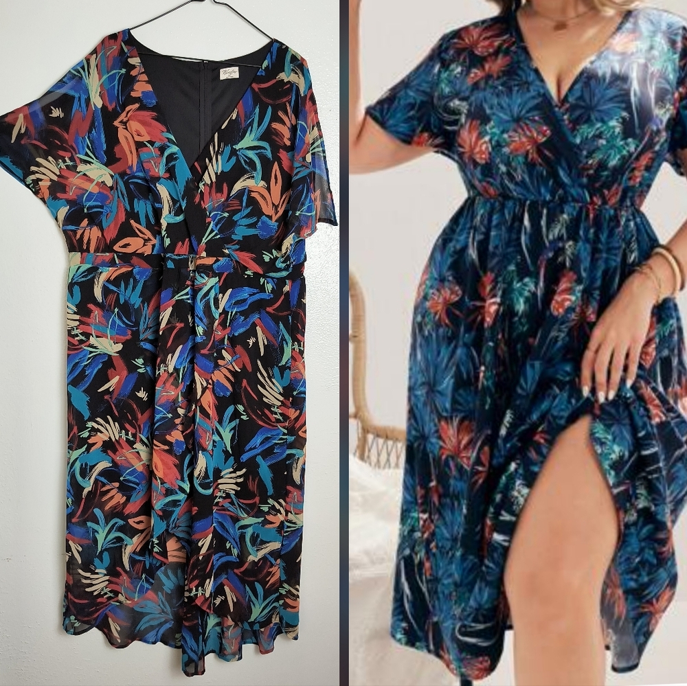 Winslow 3X Black Dress Faux Wrap Lining Midi Dress Print - Summer